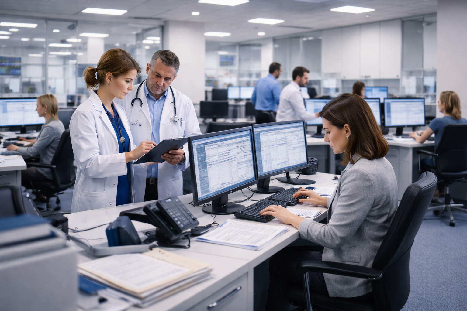 Hospital administrative staff reviewing claim information in a professional office setting