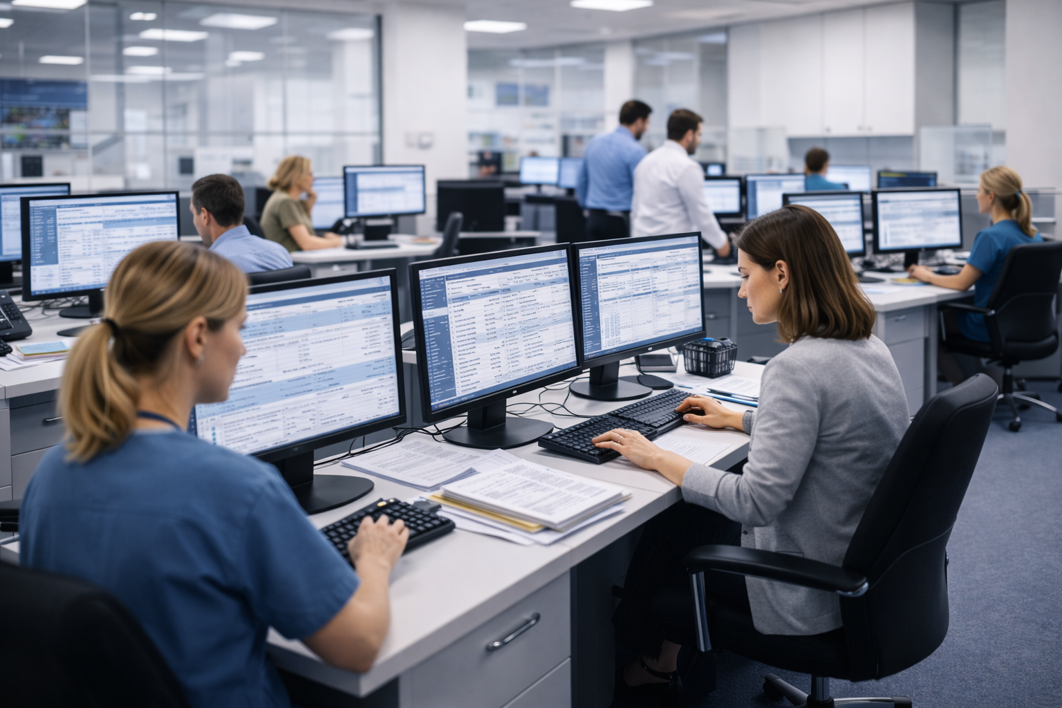 Hospital back-office staff working within established billing and compliance workflows