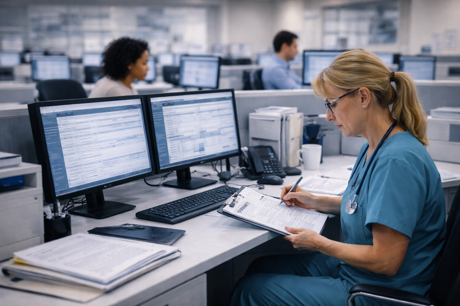 Charge nurse working at a computer station